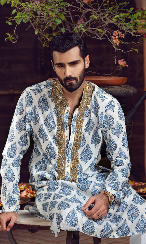 White Blue Printed Cotton Kurta with Handworked Collar (2-Piece) - Image 3