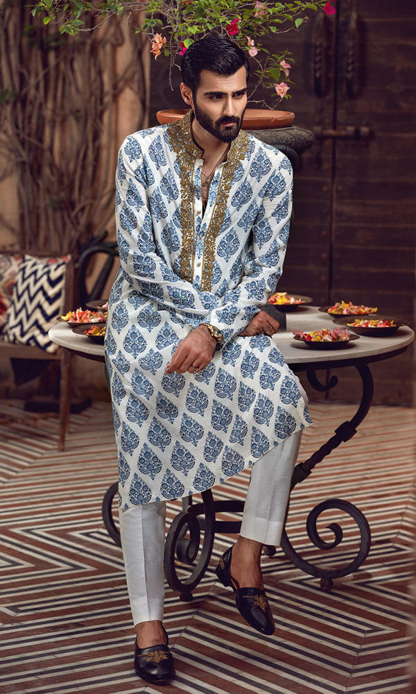 White Blue Printed Cotton Kurta with Handworked Collar (2-Piece) - Image 4