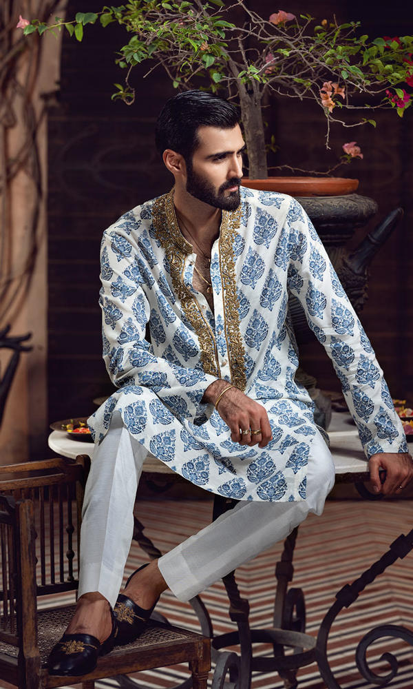 White Blue Printed Cotton Kurta with Handworked Collar (2-Piece) - Image 5