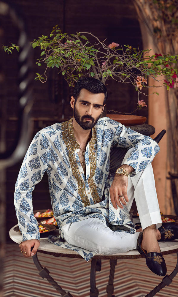 White Blue Printed Cotton Kurta with Handworked Collar (2-Piece) - Image 6