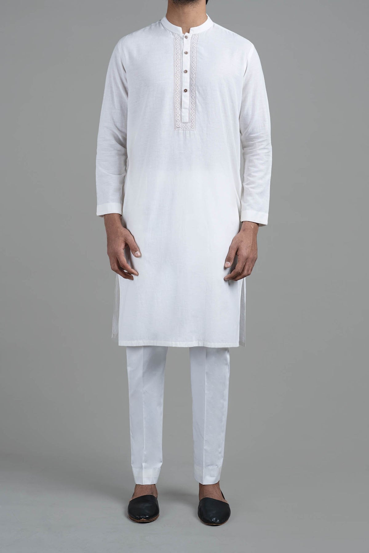 White Hand-Embroidered Cotton Kurta (2-Piece) - Image 1