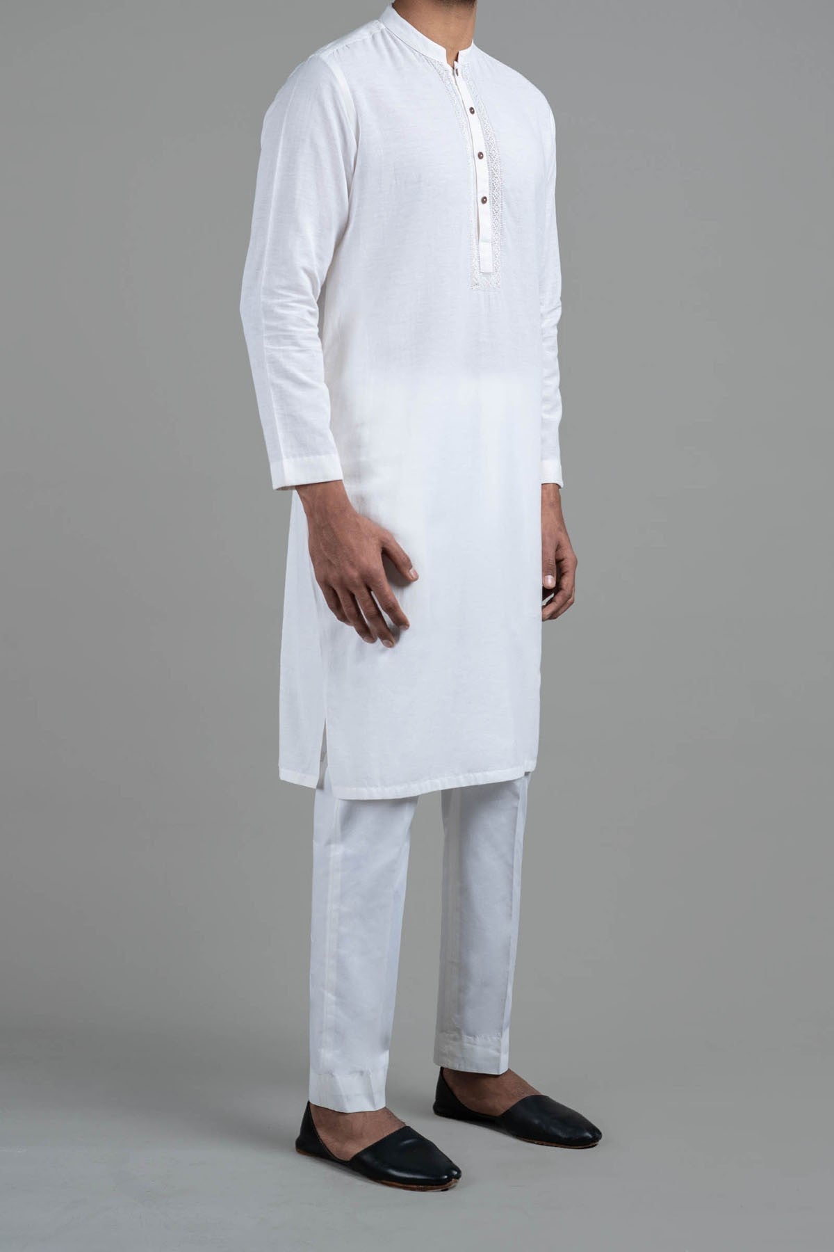 White Hand-Embroidered Cotton Kurta (2-Piece) - Image 3
