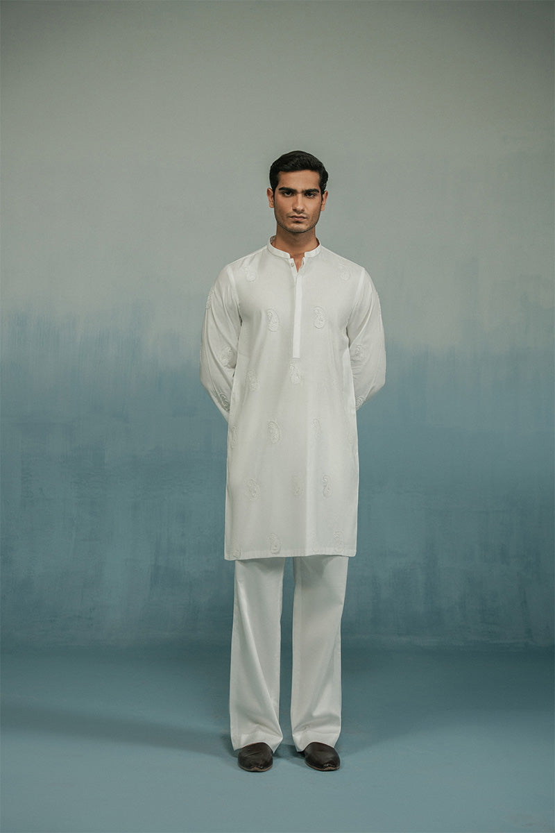 White Hand-Embroidered Cotton Kurta Pajama (2-Piece) - Image 1