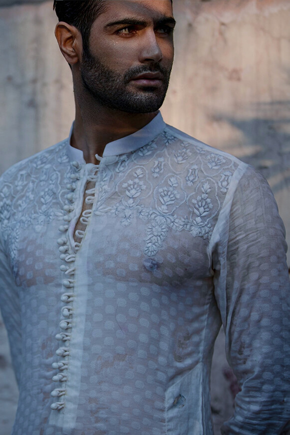 Pearl White Embroidered Cotton Khaddi Kurta (2-Piece) - Image 1