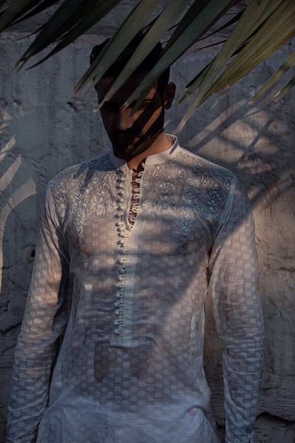 Pearl White Embroidered Cotton Khaddi Kurta (2-Piece) - Image 5