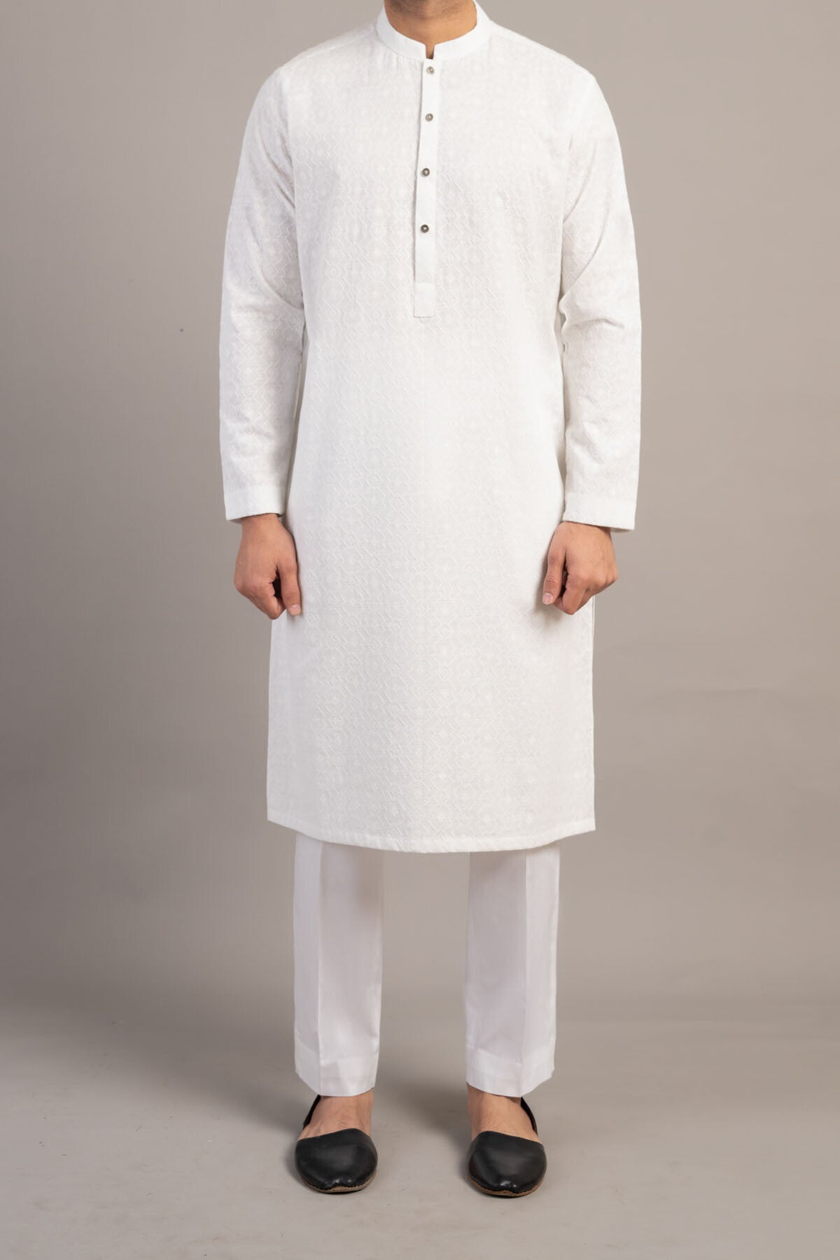 White Embroidered Cotton Kurta (2-Piece) - Image 1