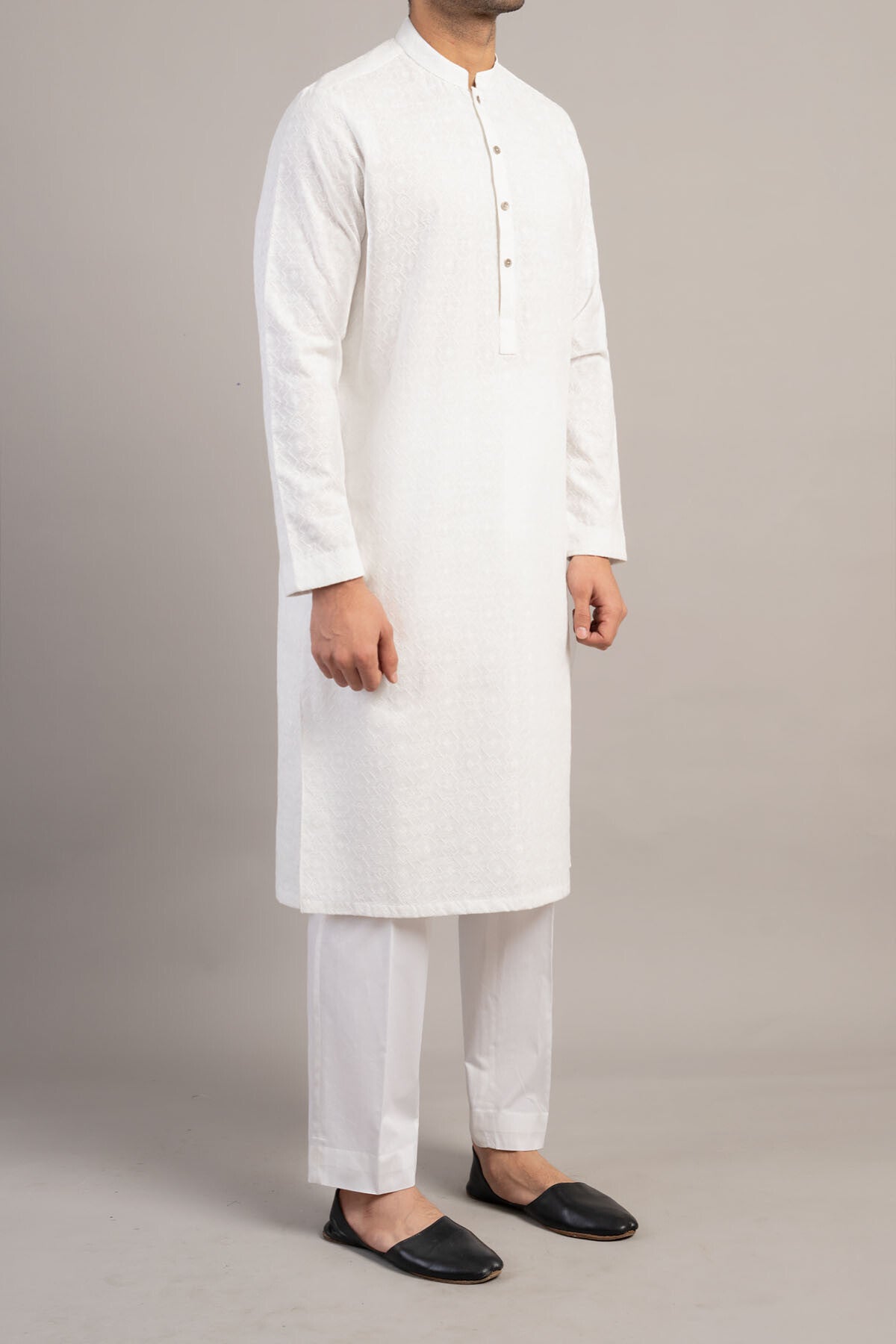 White Embroidered Cotton Kurta (2-Piece) - Image 3