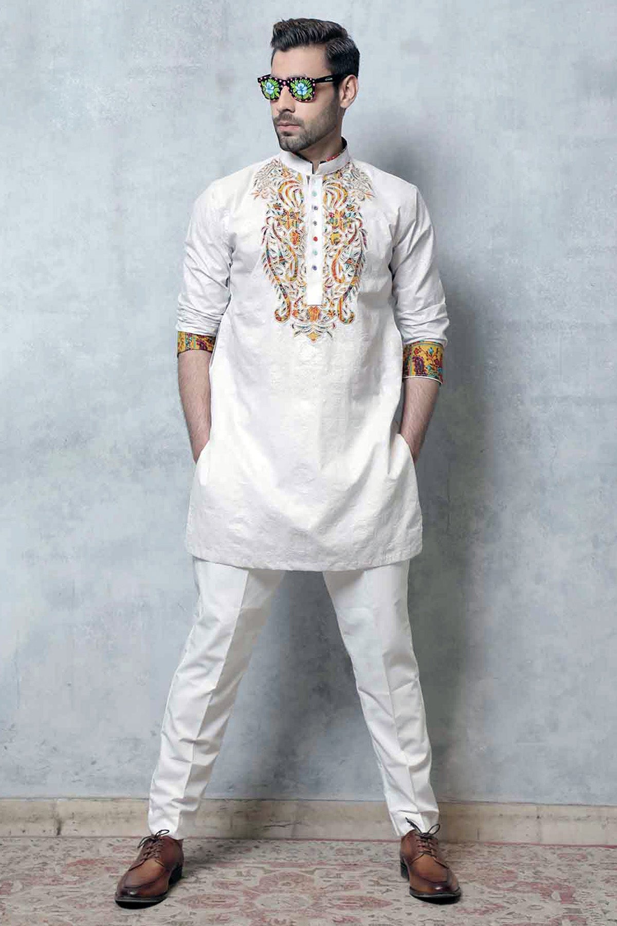 White Multicolour Embroidered Cotton Kurta (2-Piece) - Image 1