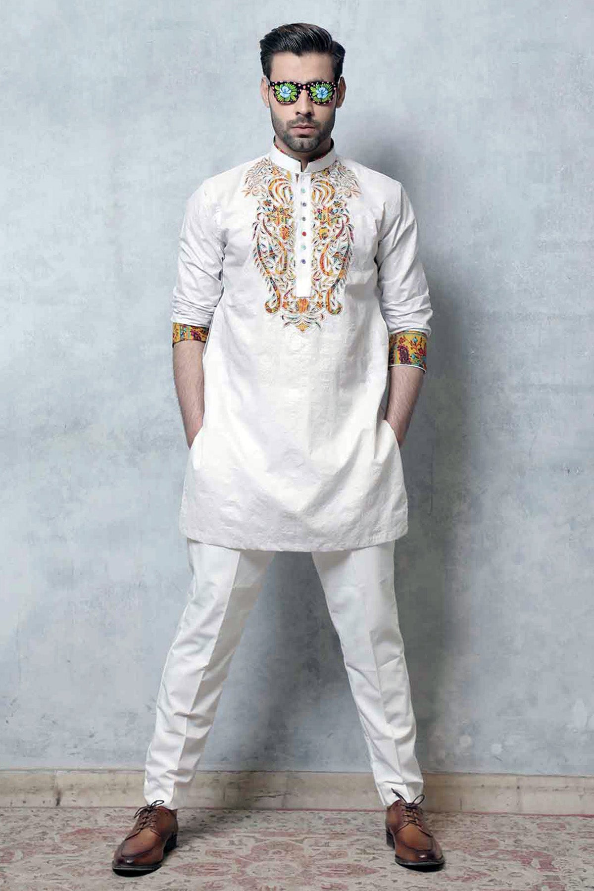 White Multicolour Embroidered Cotton Kurta (2-Piece) - Image 2
