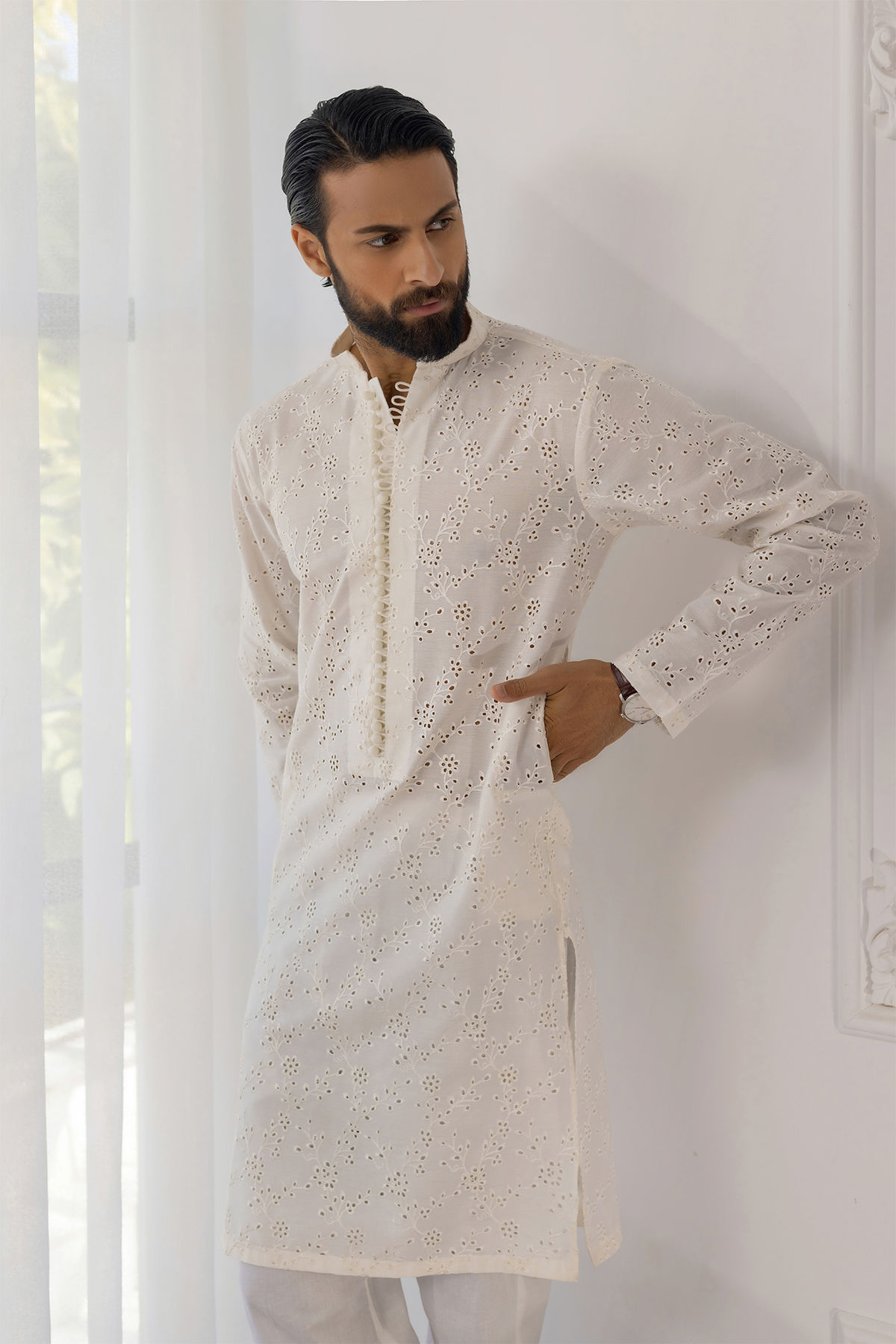 White Schiffli Embroidered Cotton Net Kurta (2-Piece) - Image 2