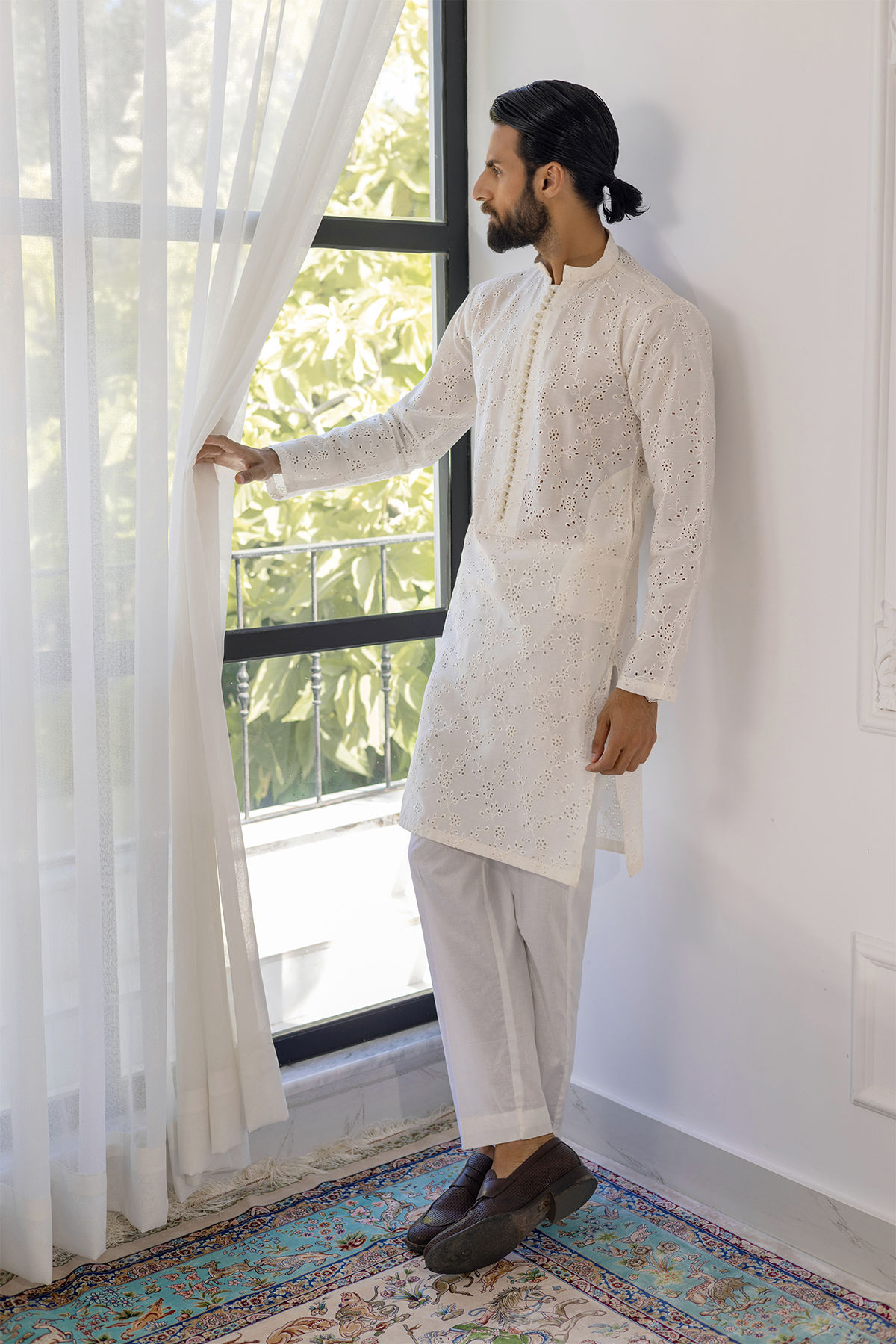 White Schiffli Embroidered Cotton Net Kurta (2-Piece) - Image 4