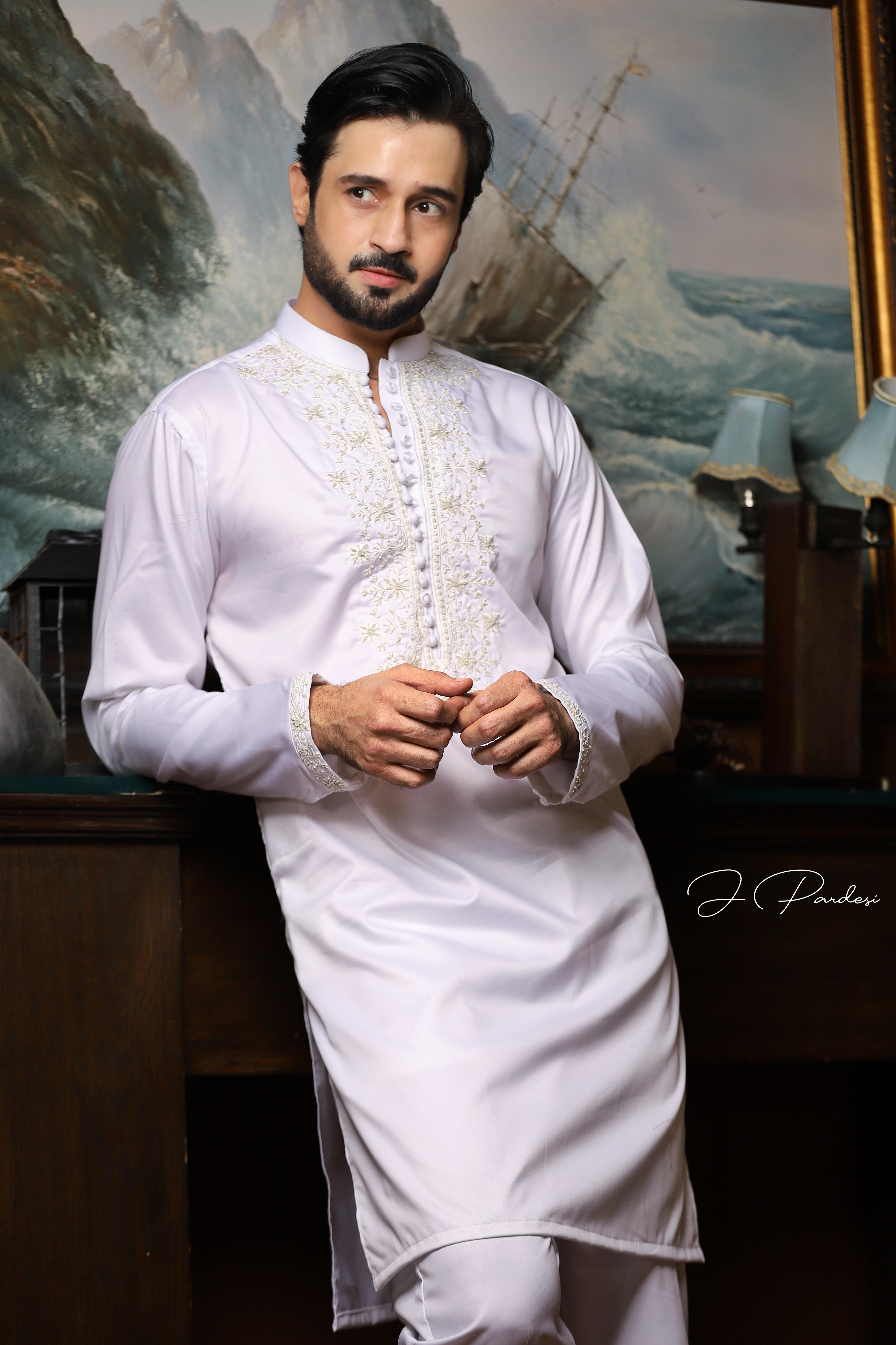 White Hand Embroidered Cotton Kurta Pajama (2-Piece) - Image 1