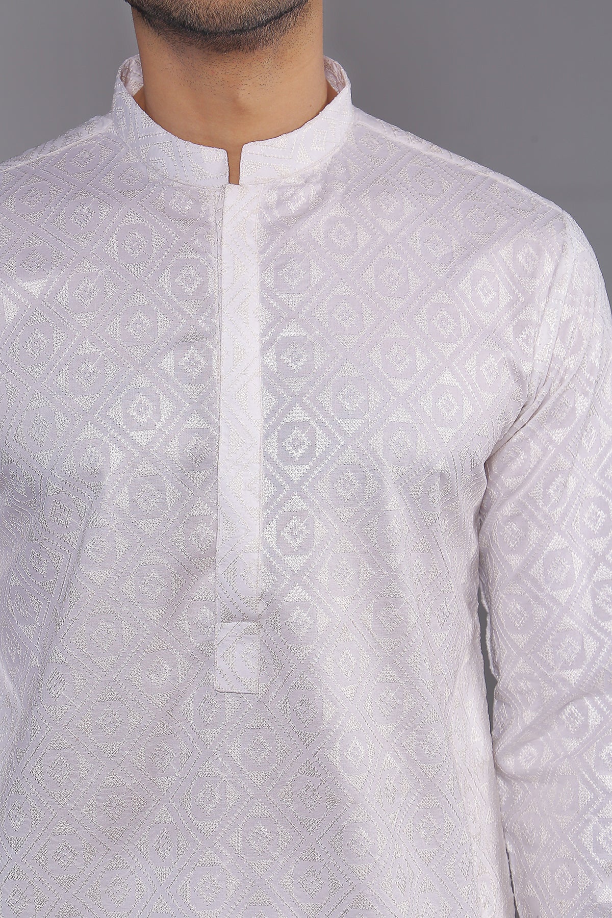 White Schiffli Embroidered Cotton Kurta (2-Piece) - Image 3