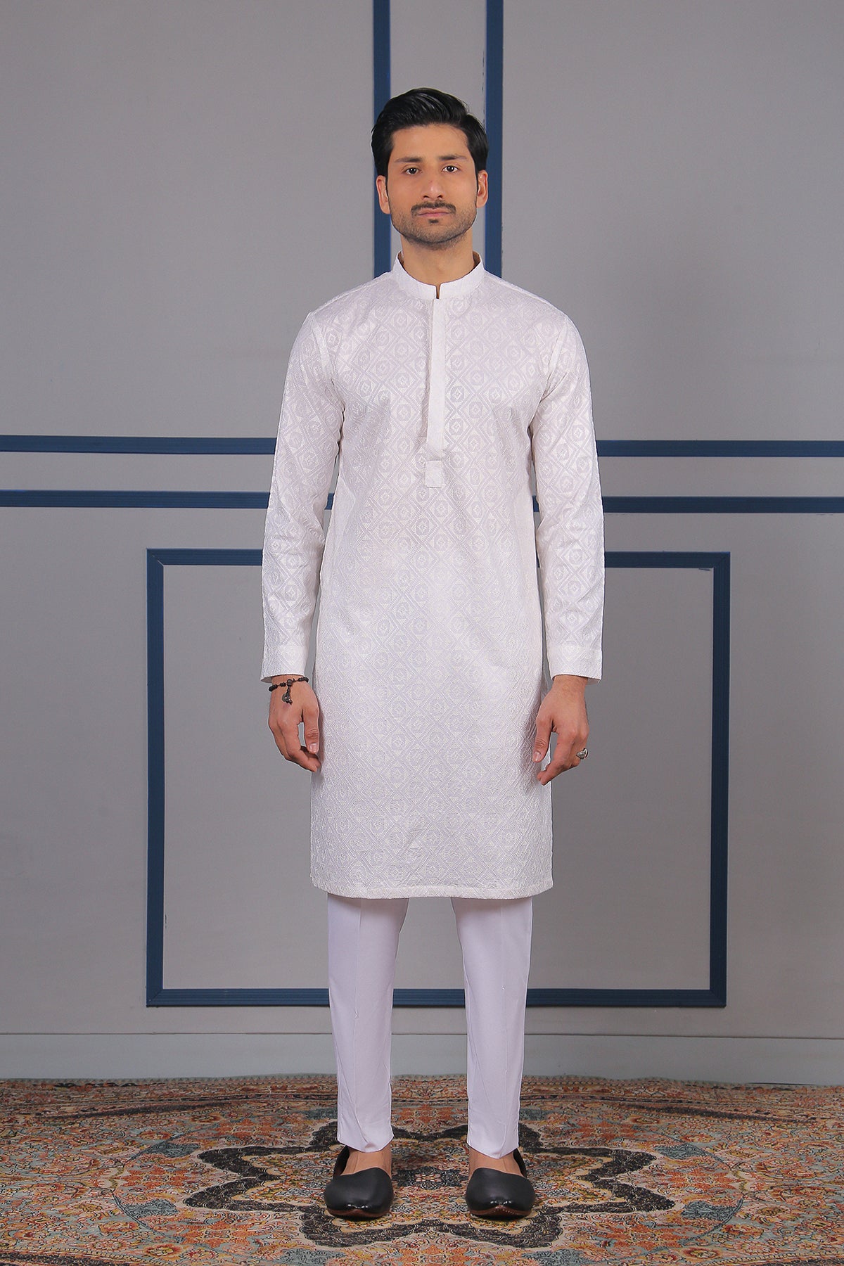 White Schiffli Embroidered Cotton Kurta (2-Piece) - Image 1