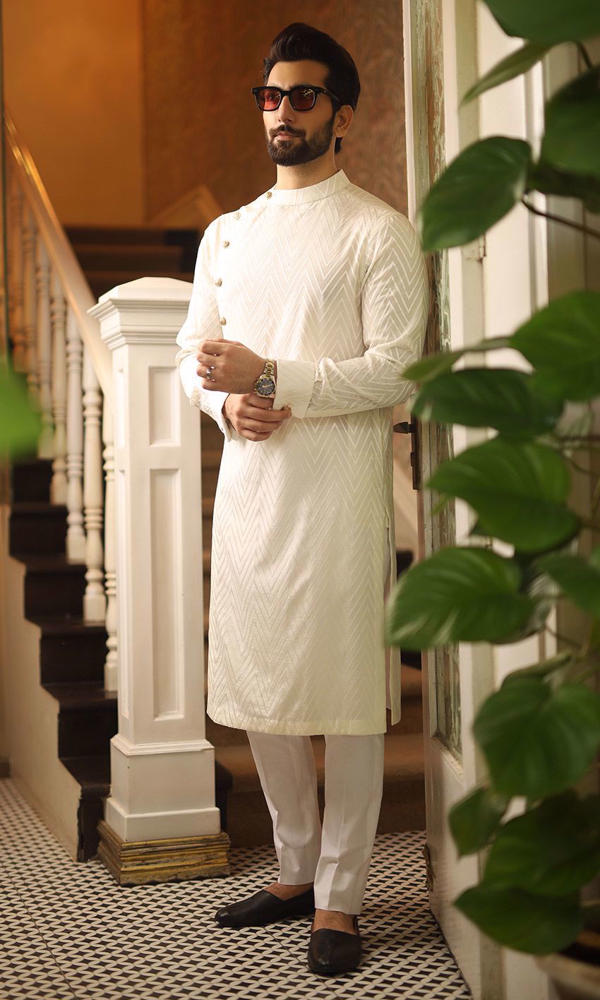White Self-Embroidered Cotton Kurta (2-Piece) - Image 2