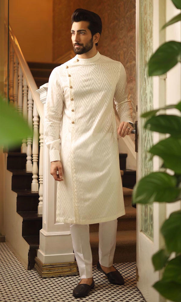 White Self-Embroidered Cotton Kurta (2-Piece) - Image 3