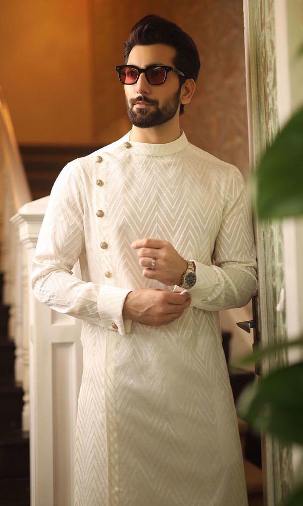 White Self-Embroidered Cotton Kurta (2-Piece) - Image 4