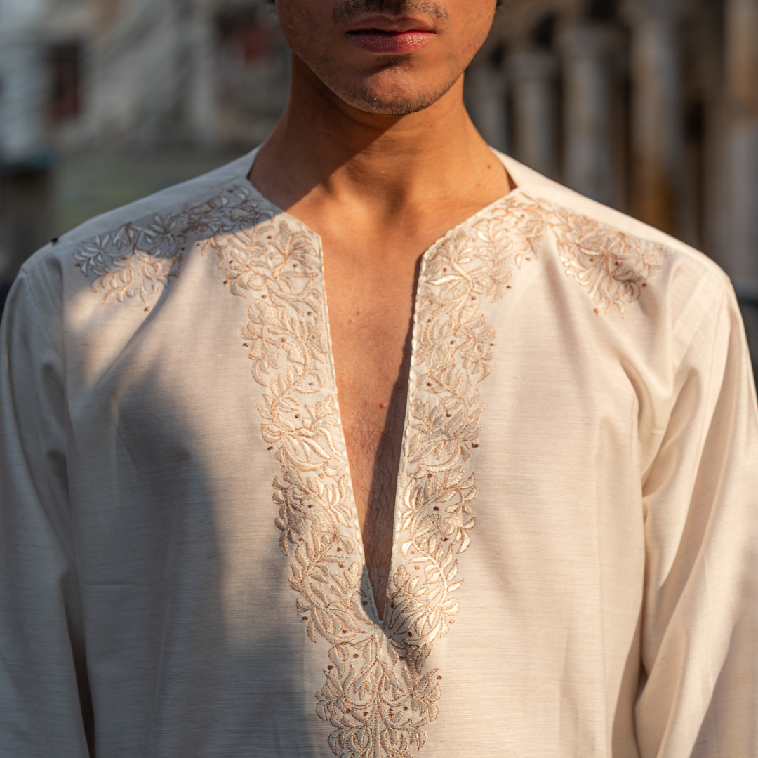 White Embroidered Cotton-Silk Kurta (2-Piece) - Image 12