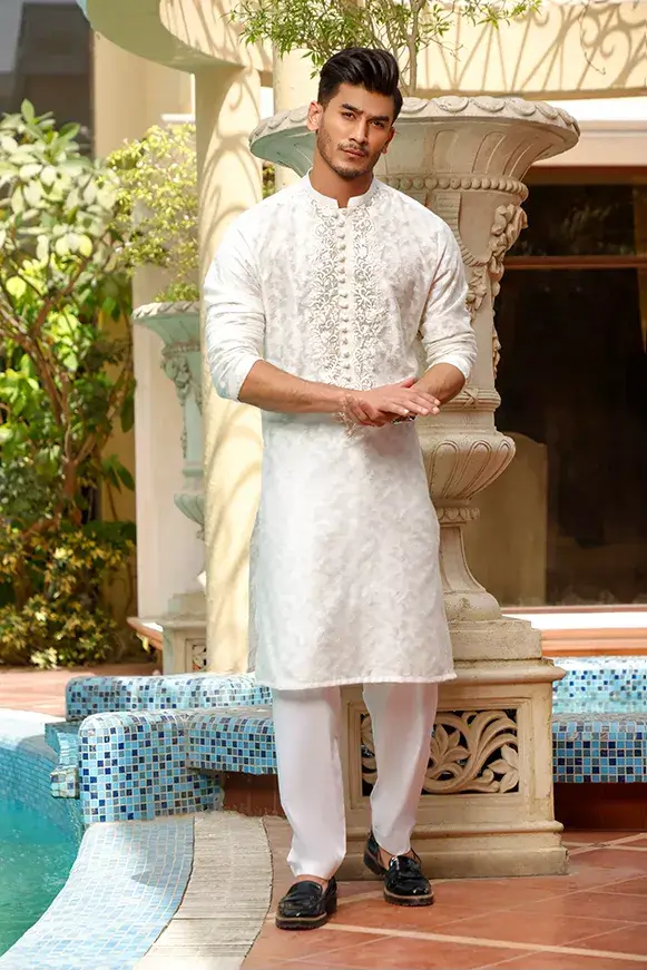 White Self-Embroidered Cotton-Silk Kurta (2-Piece) - Image 1