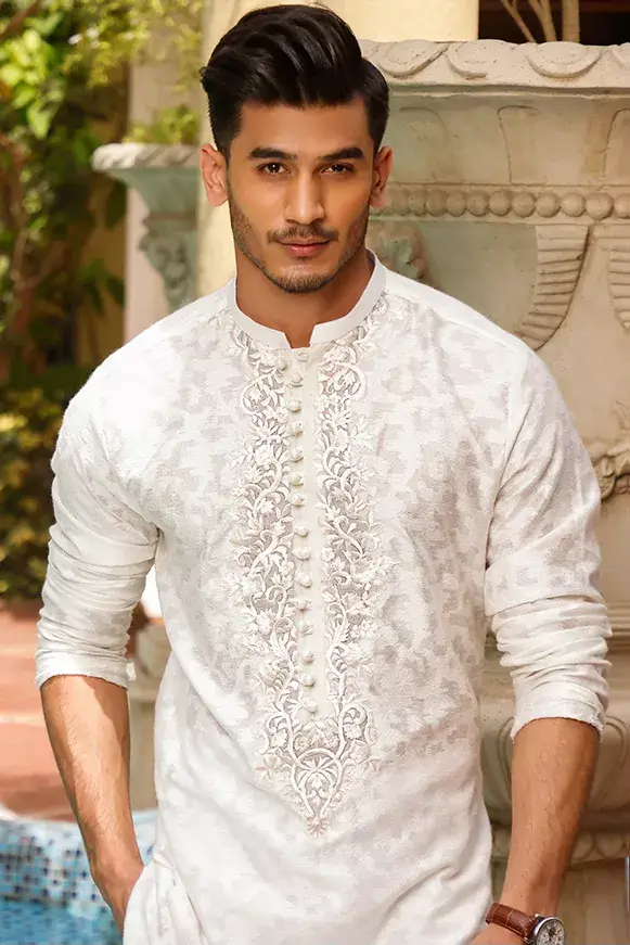 White Self-Embroidered Cotton-Silk Kurta (2-Piece) - Image 2