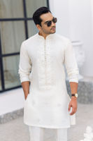 White Embroidered Cotton Silk Kurta (2-Piece) - Image 5