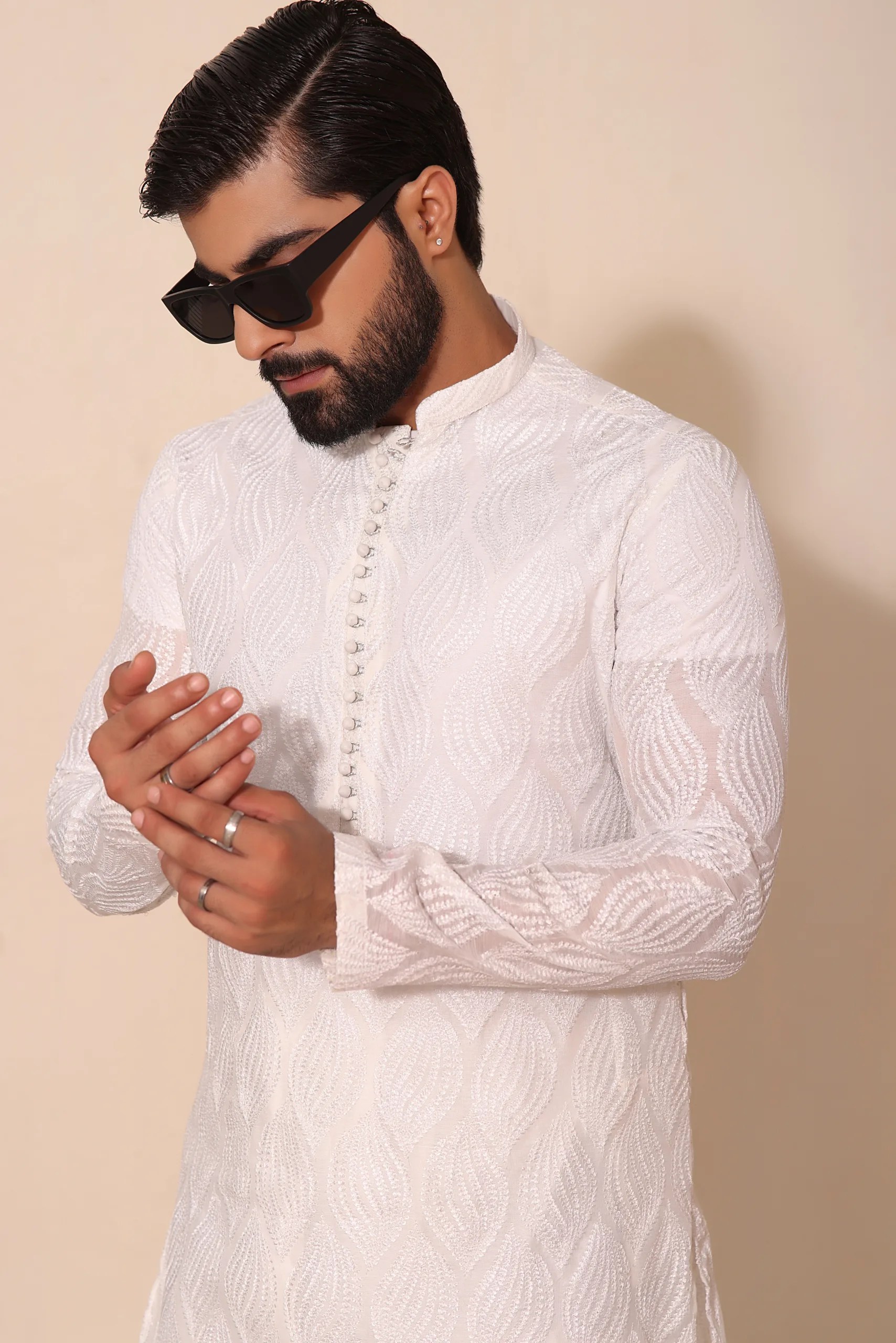 White Embroidered Cotton-Silk Kurta (2-Piece) - Image 1