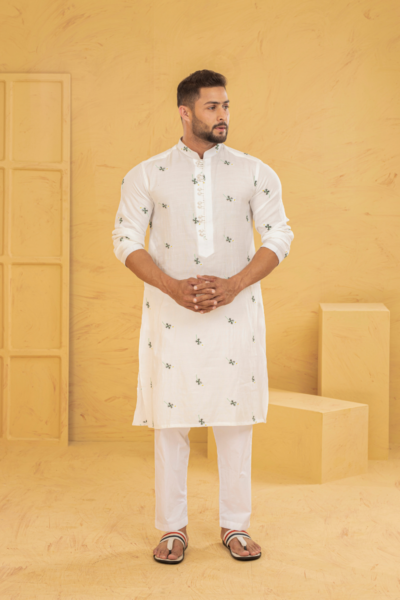 White Floral Embroidered Cotton Kurta (2-Piece) - Image 1