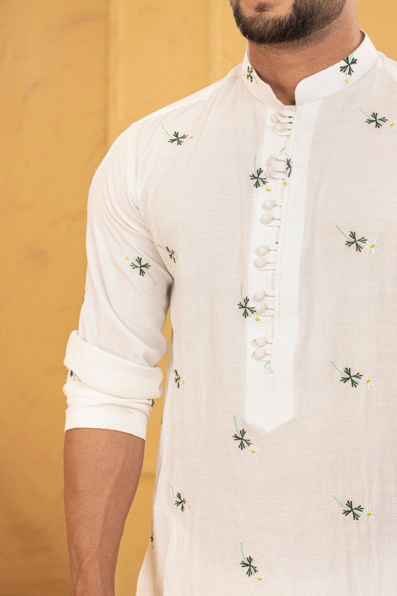 White Floral Embroidered Cotton Kurta (2-Piece) - Image 2