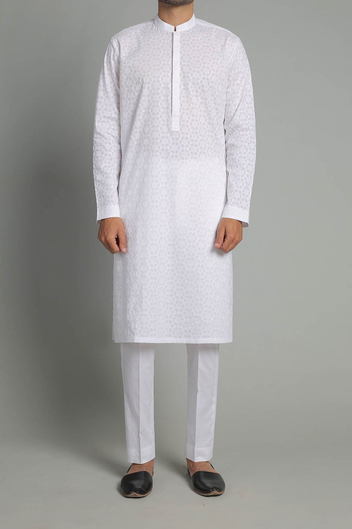 White Embroidered Egyptian Cotton Kurta (1-Pc) - Image 1