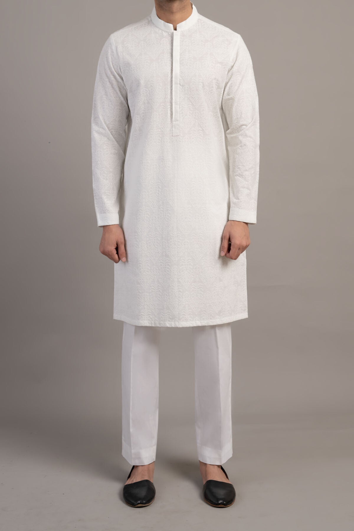 White Embroidered Egyptian Cotton Kurta (2-Piece) - Image 1