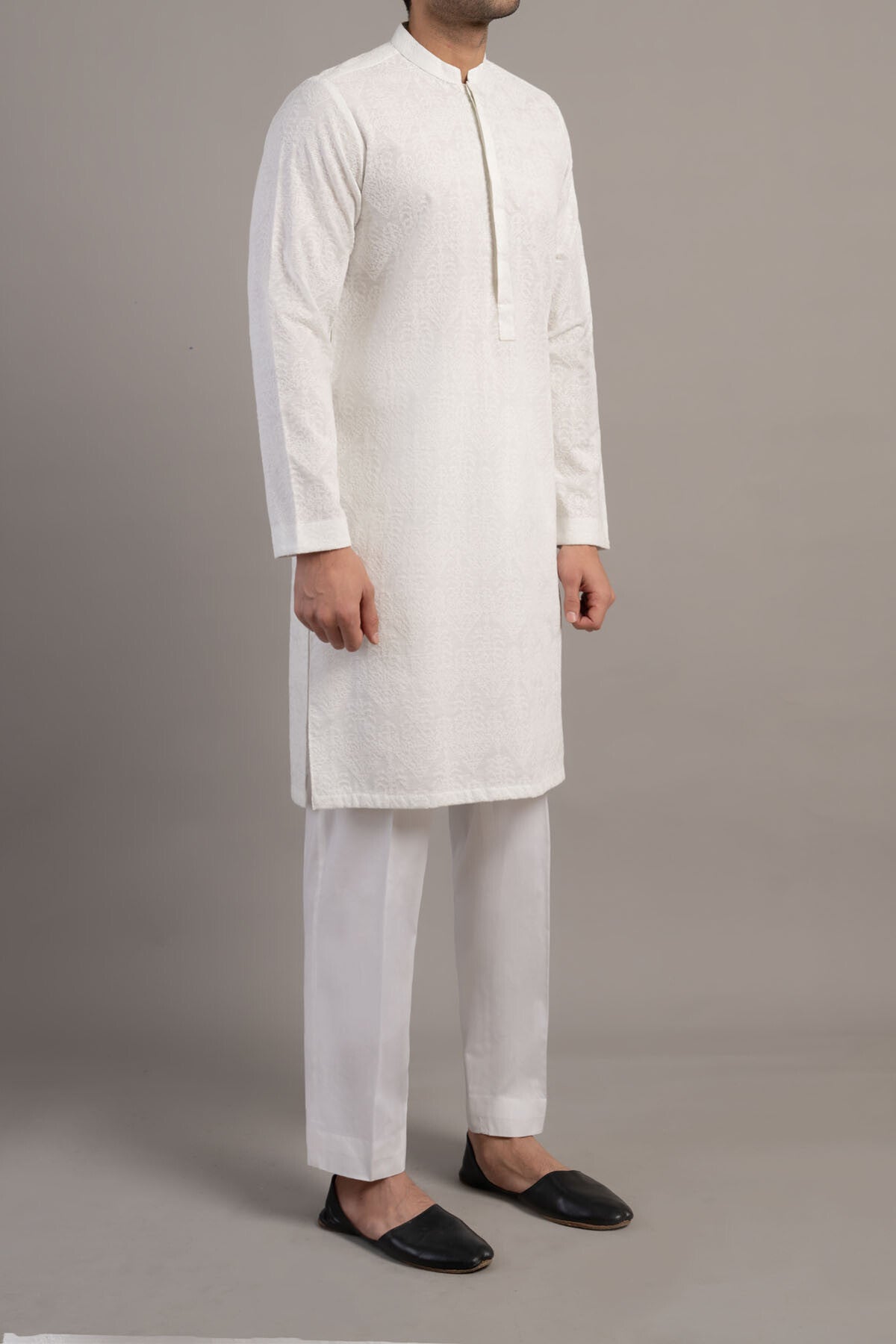 White Embroidered Egyptian Cotton Kurta (2-Piece) - Image 3