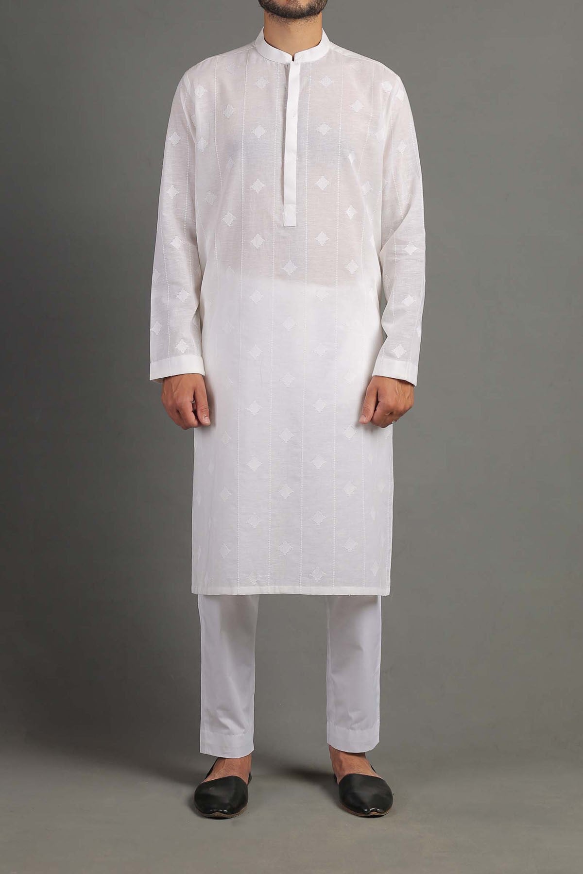 White Embroidered Egyptian Cotton Kurta (2-Piece) - Image 1