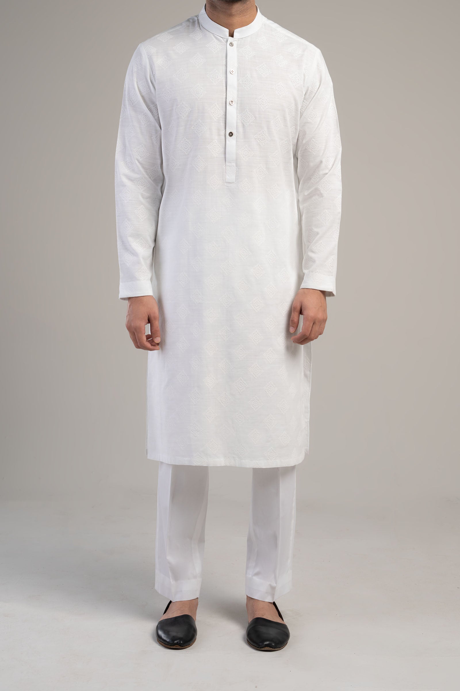 White Embroidered Egyptian Cotton Kurta (2-Piece) - Image 3