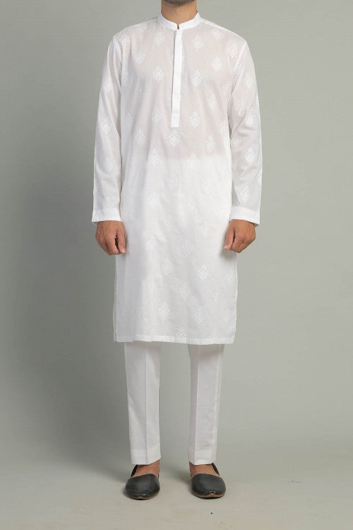 White Embroidered Egyptian Cotton Kurta (2-Piece) - Image 1