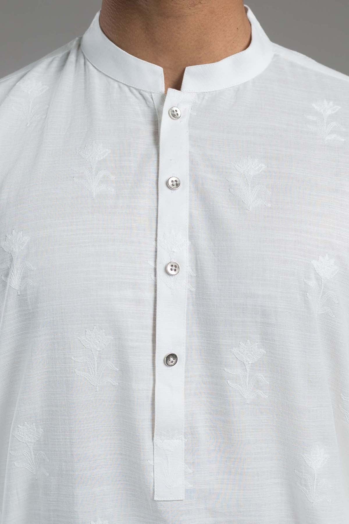 White Embroidered Egyptian Cotton Kurta (1-Pc) - Image 1