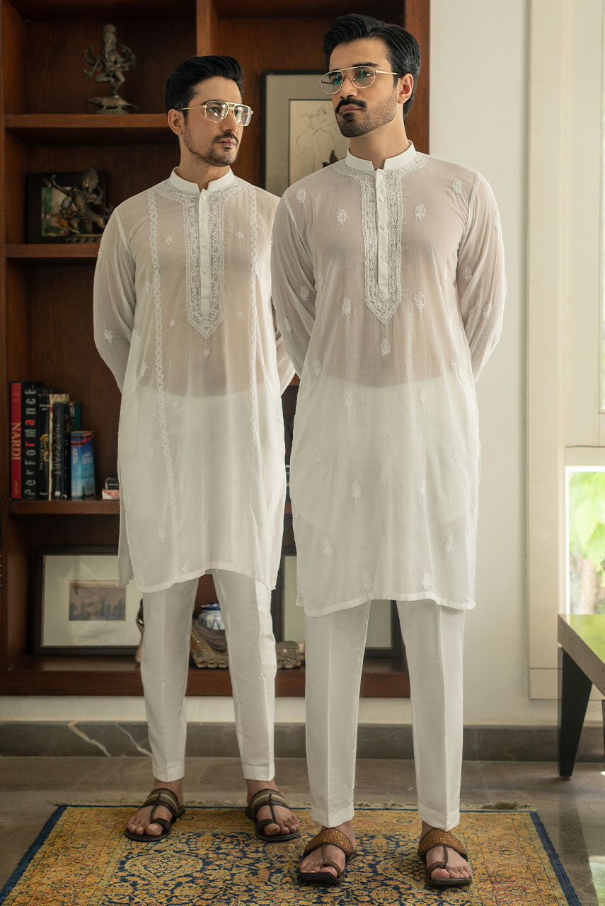White Hand-Embroidered Chikan Kari Malmal Kurta (1-Pc) - Image 6