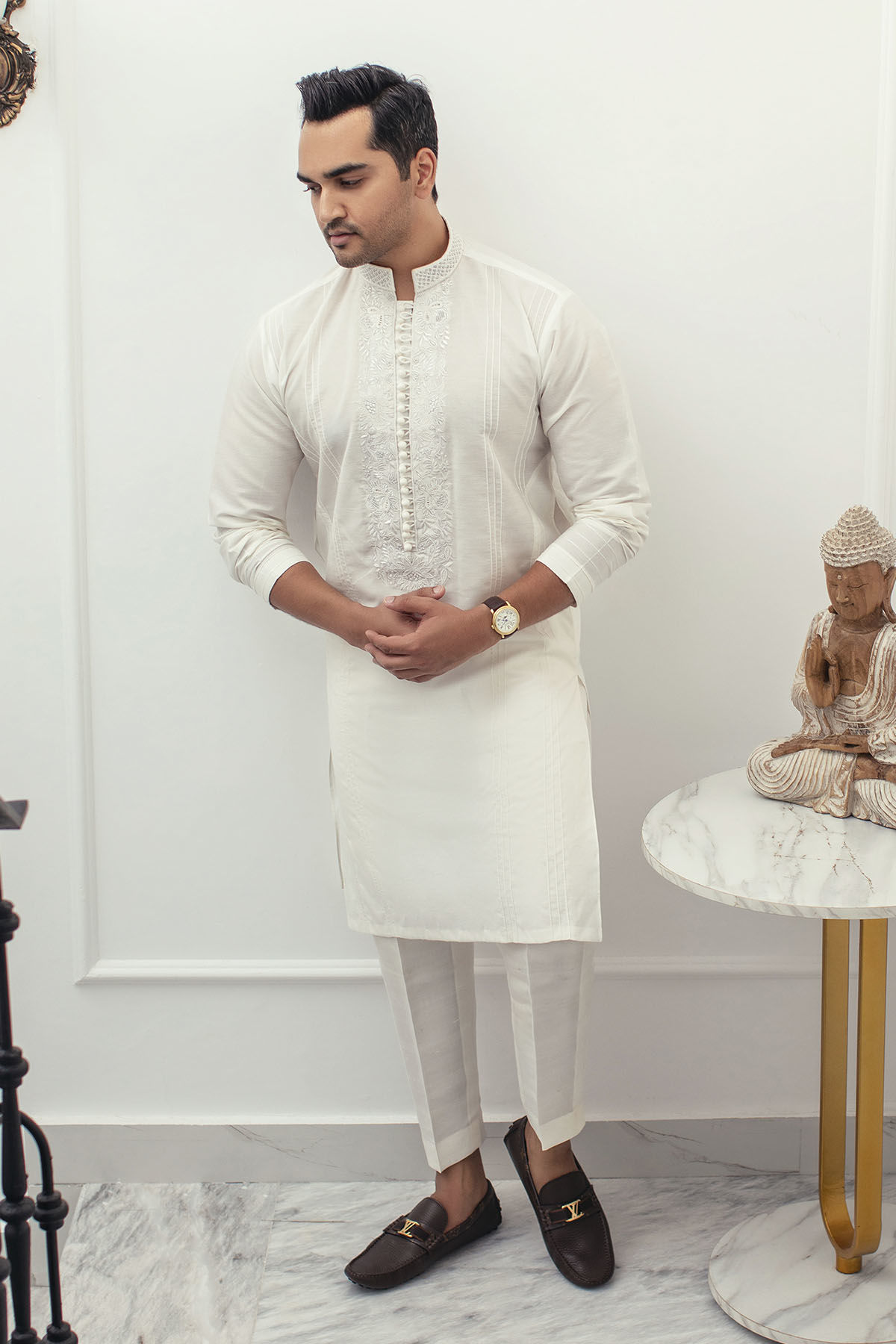 White Resham Zari Ox Silk Kurta (2-Piece) - Image 2