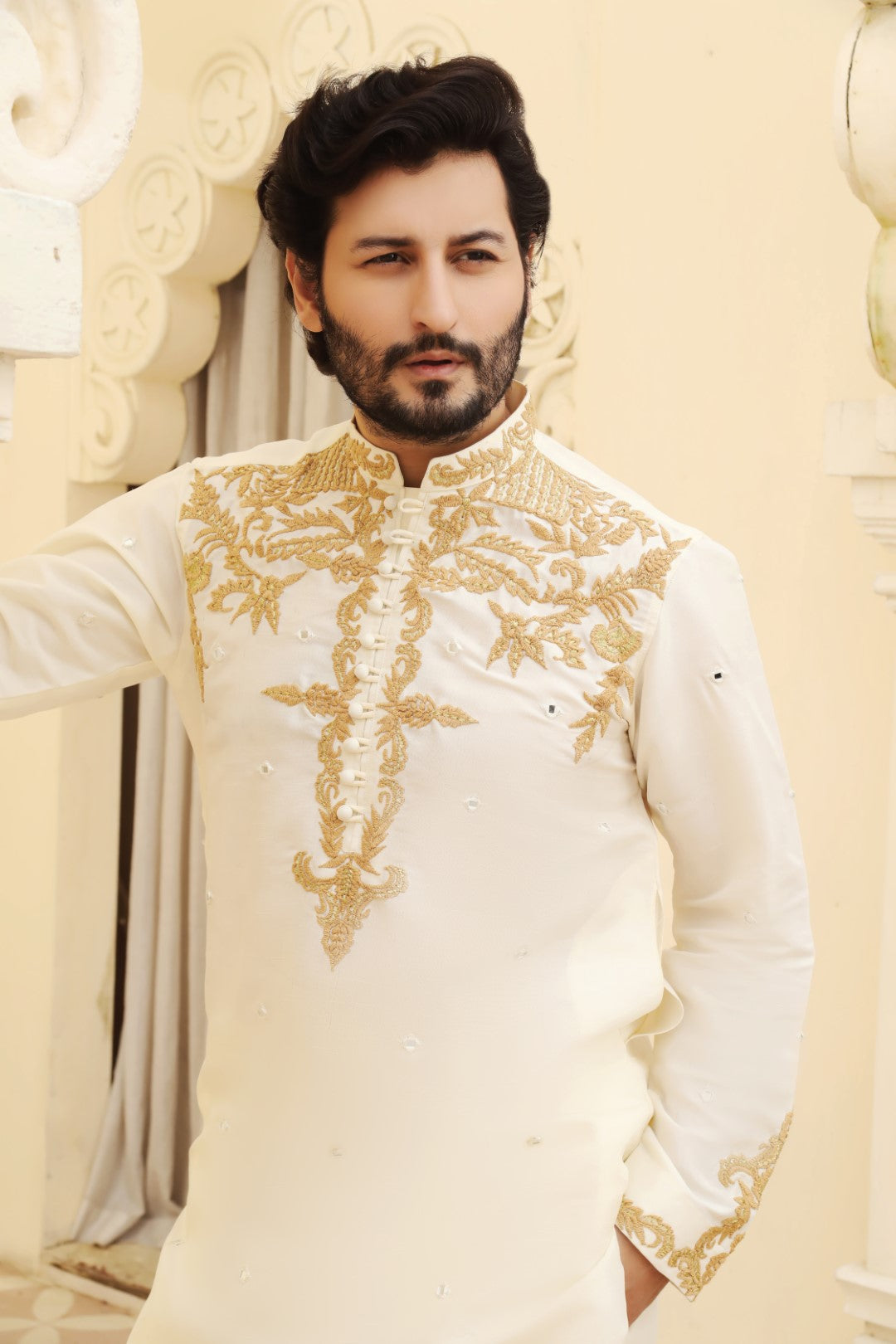 White Gold Embroidered Silk Kurta Pajama (2-Piece) - Image 3