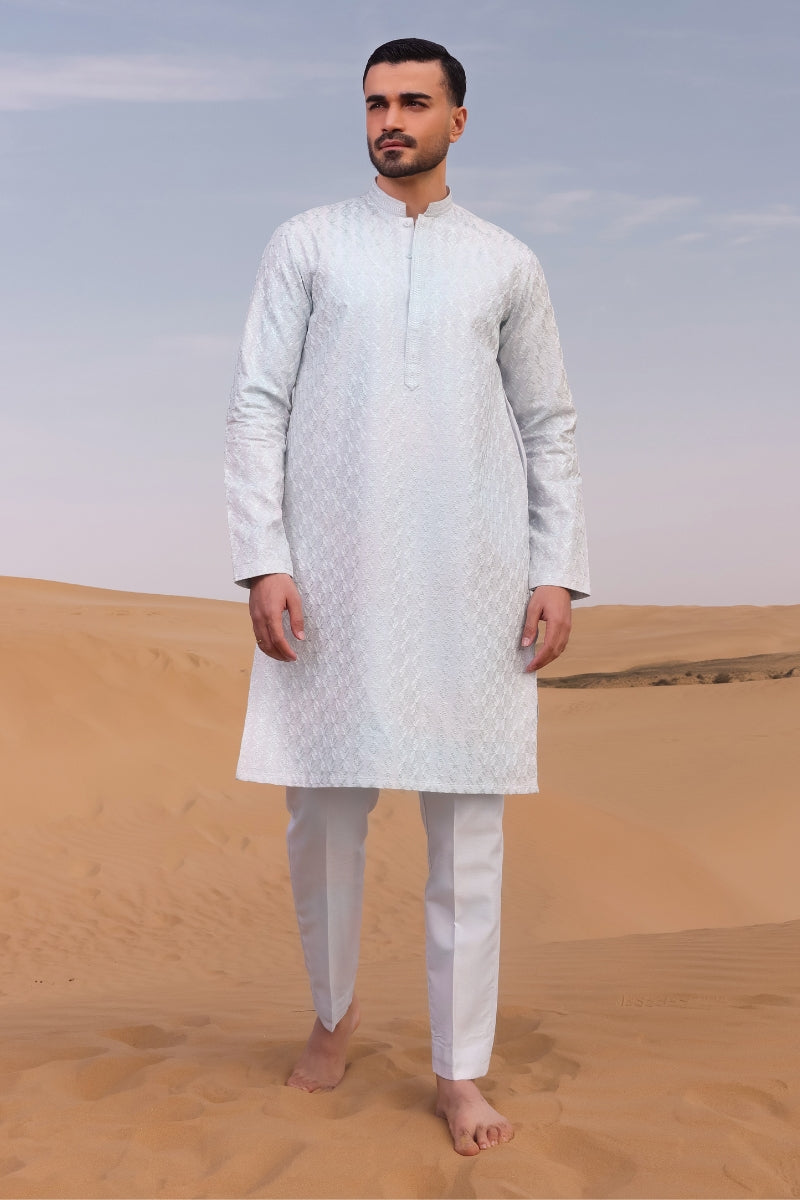 White Chikankari Embroidered Raw Silk Kurta Set (2-Piece) - Image 1