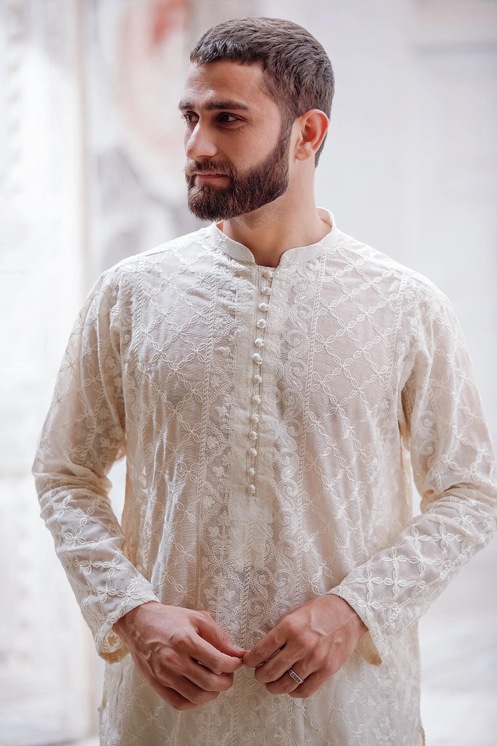 Seashell White Embroidered Sheer Net Kurta (2-Piece) - Image 1