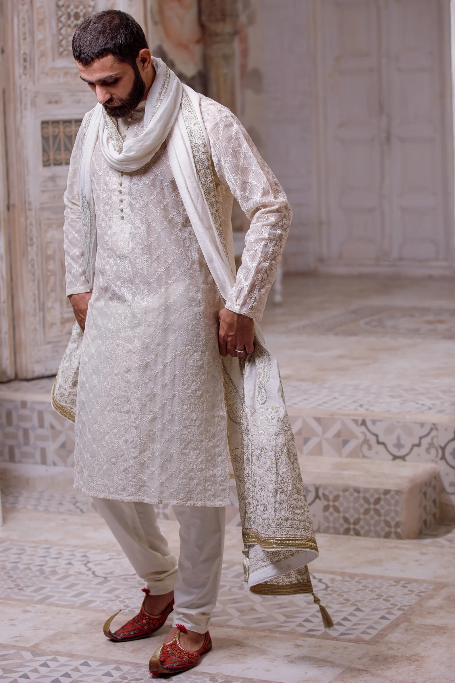 Seashell White Embroidered Sheer Net Kurta (2-Piece) - Image 10