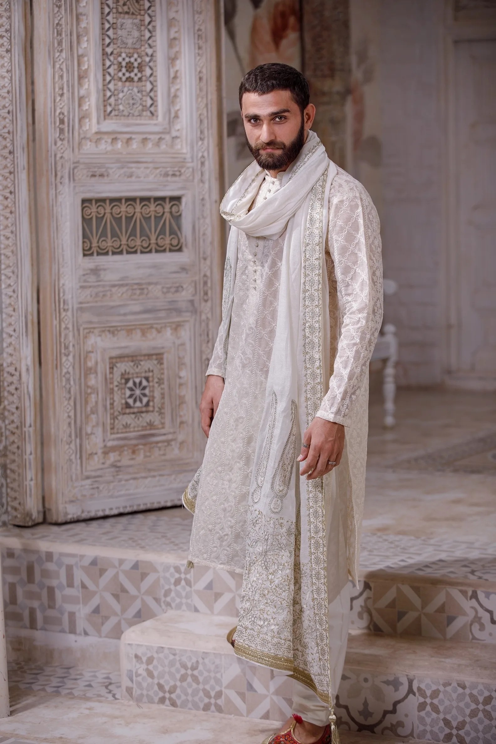 Seashell White Embroidered Sheer Net Kurta (2-Piece) - Image 11