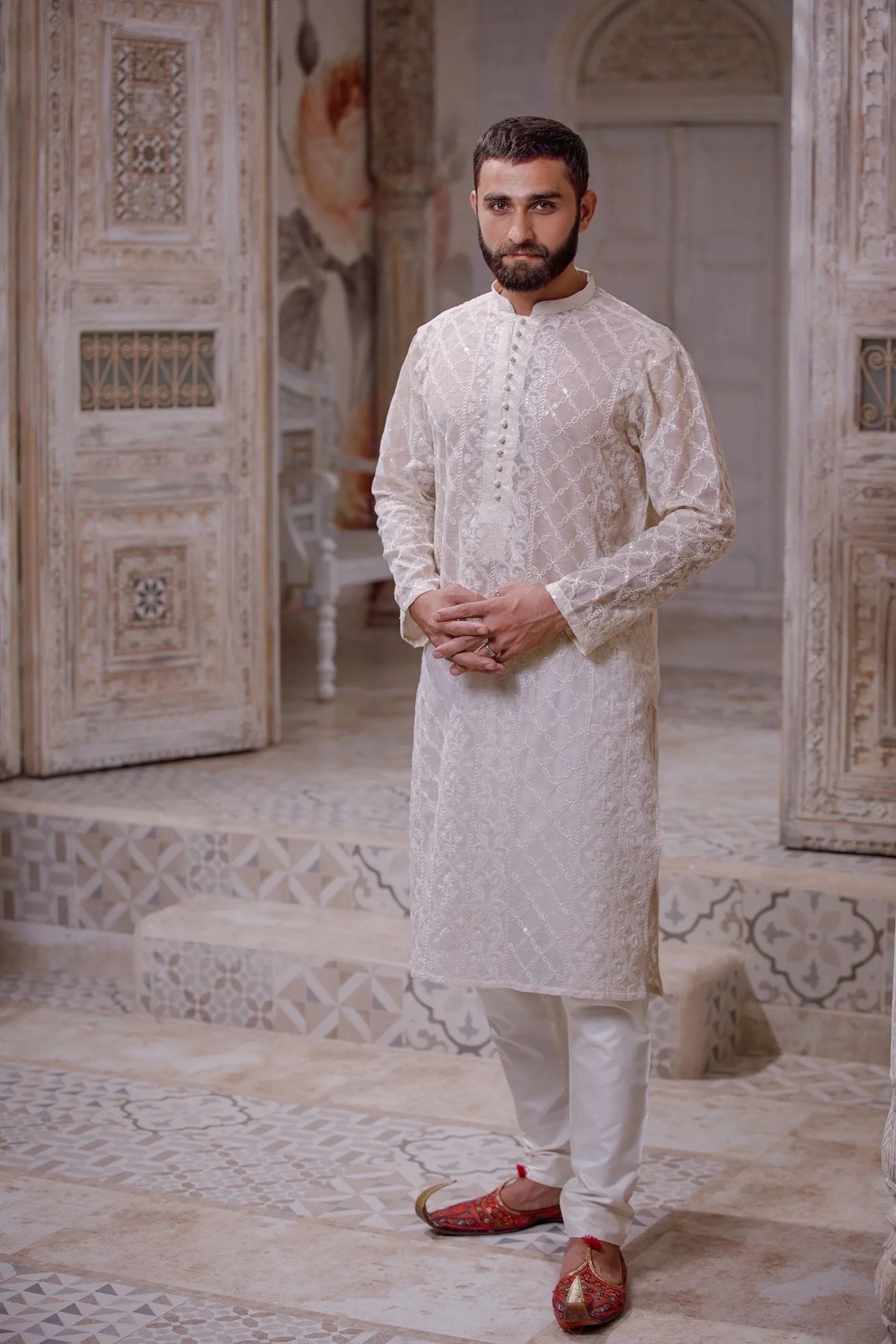 Seashell White Embroidered Sheer Net Kurta (2-Piece) - Image 3
