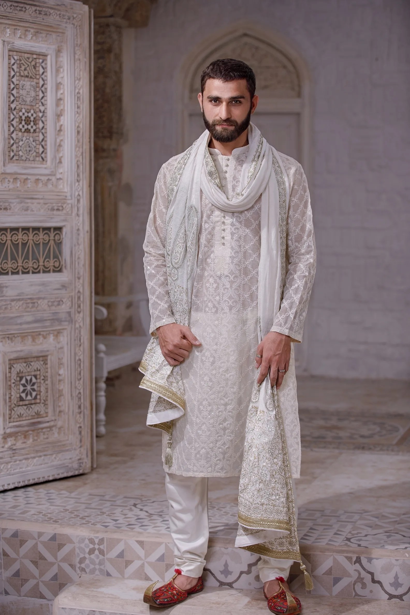 Seashell White Embroidered Sheer Net Kurta (2-Piece) - Image 4