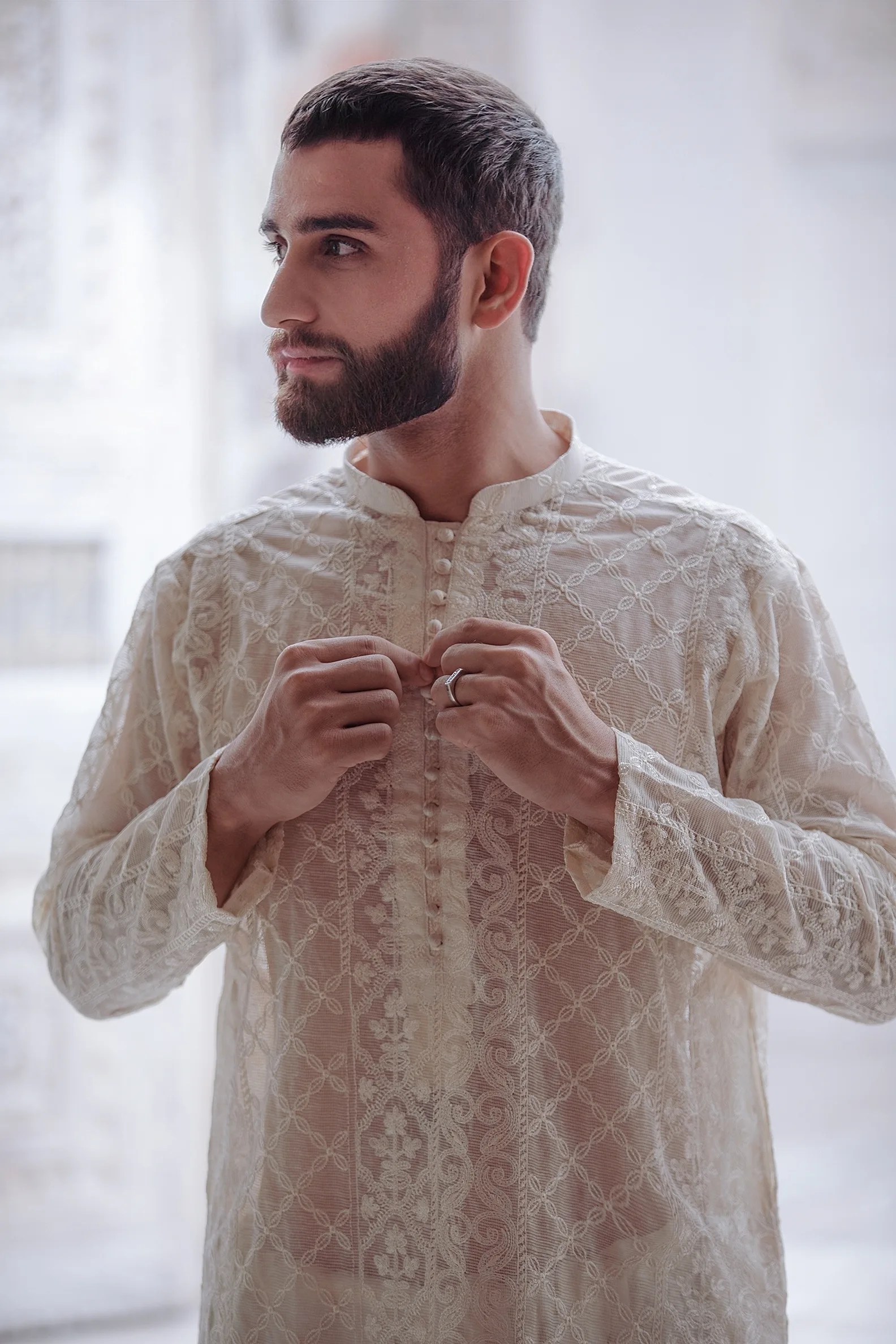 Seashell White Embroidered Sheer Net Kurta (2-Piece) - Image 5