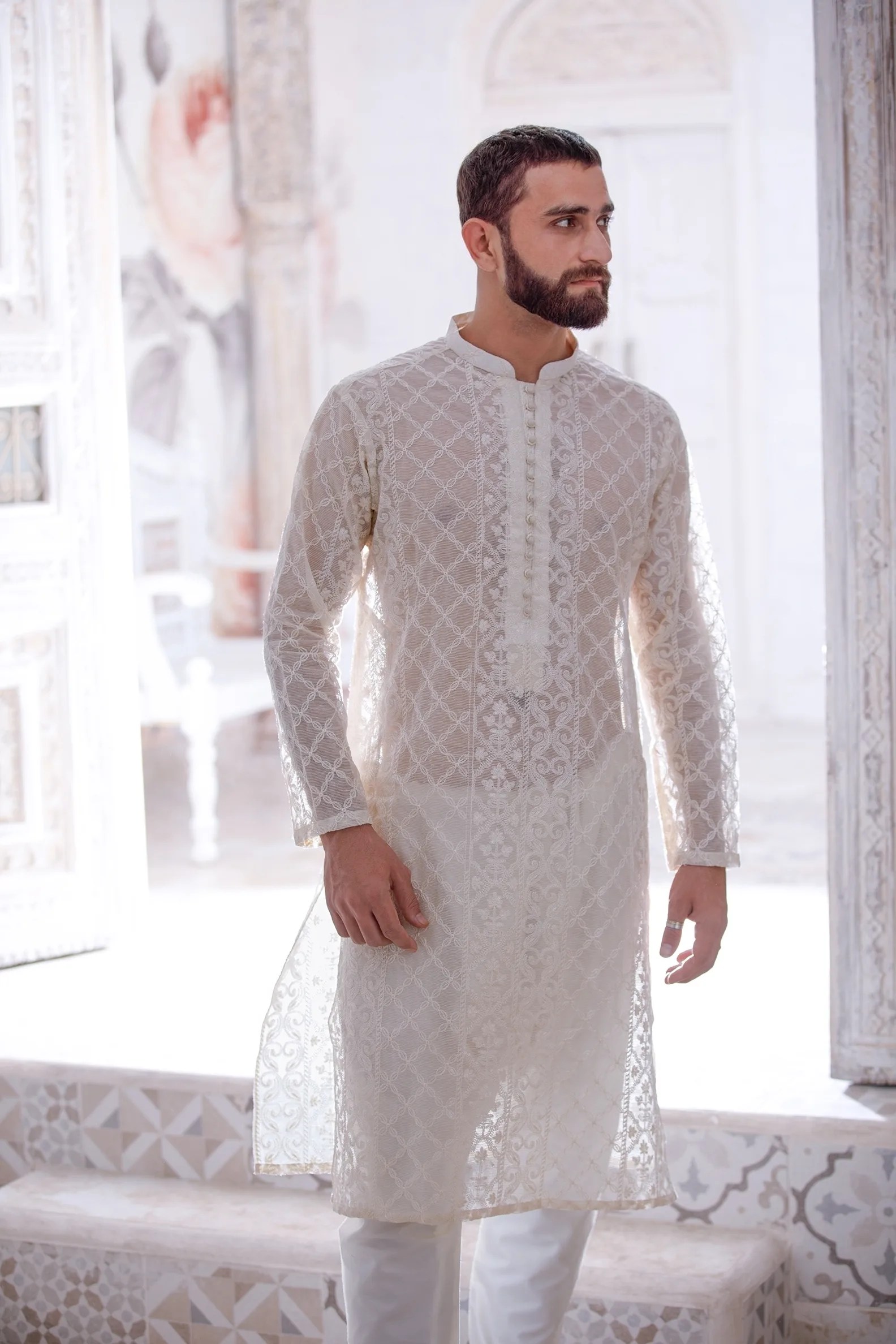 Seashell White Embroidered Sheer Net Kurta (2-Piece) - Image 6