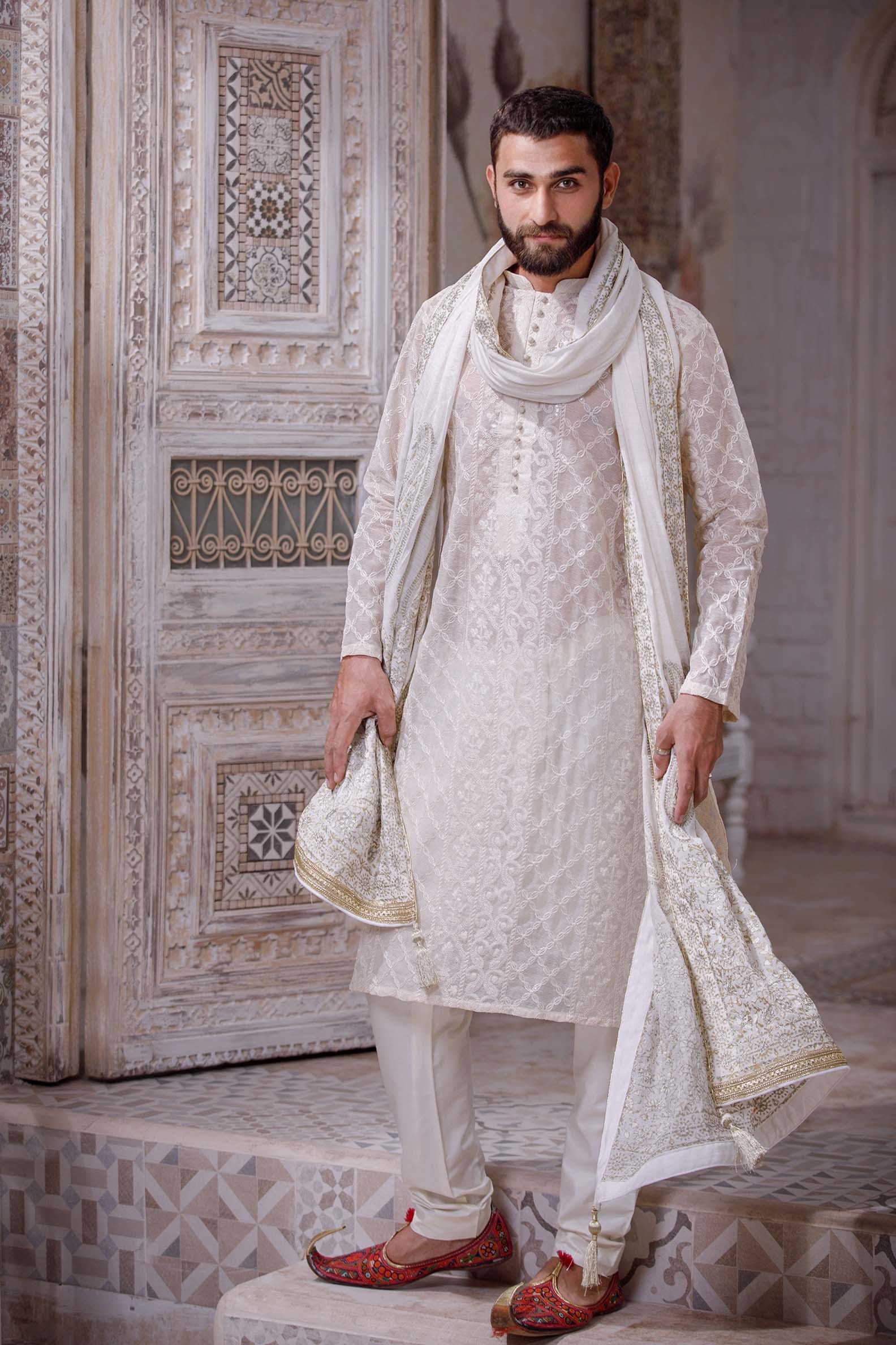 Seashell White Embroidered Sheer Net Kurta (2-Piece) - Image 8