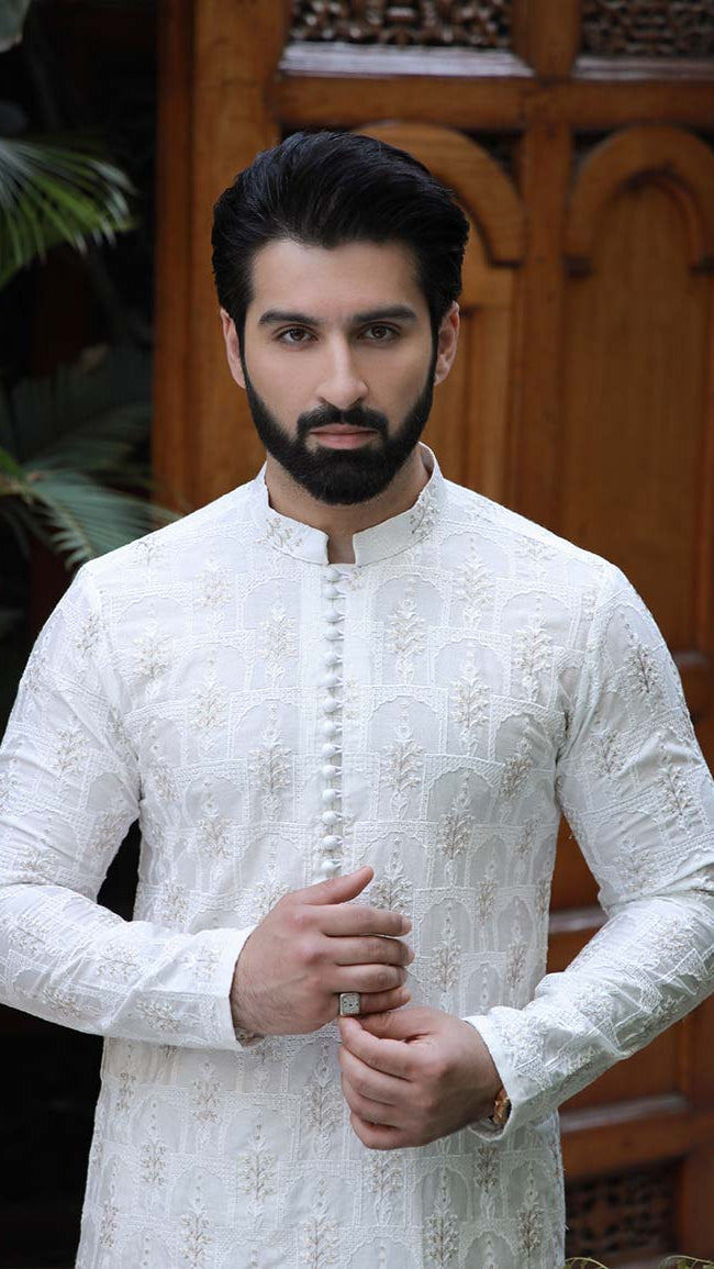 White Gold Embroidered Silk-Blend Kurta Set (2-Piece) - Image 3