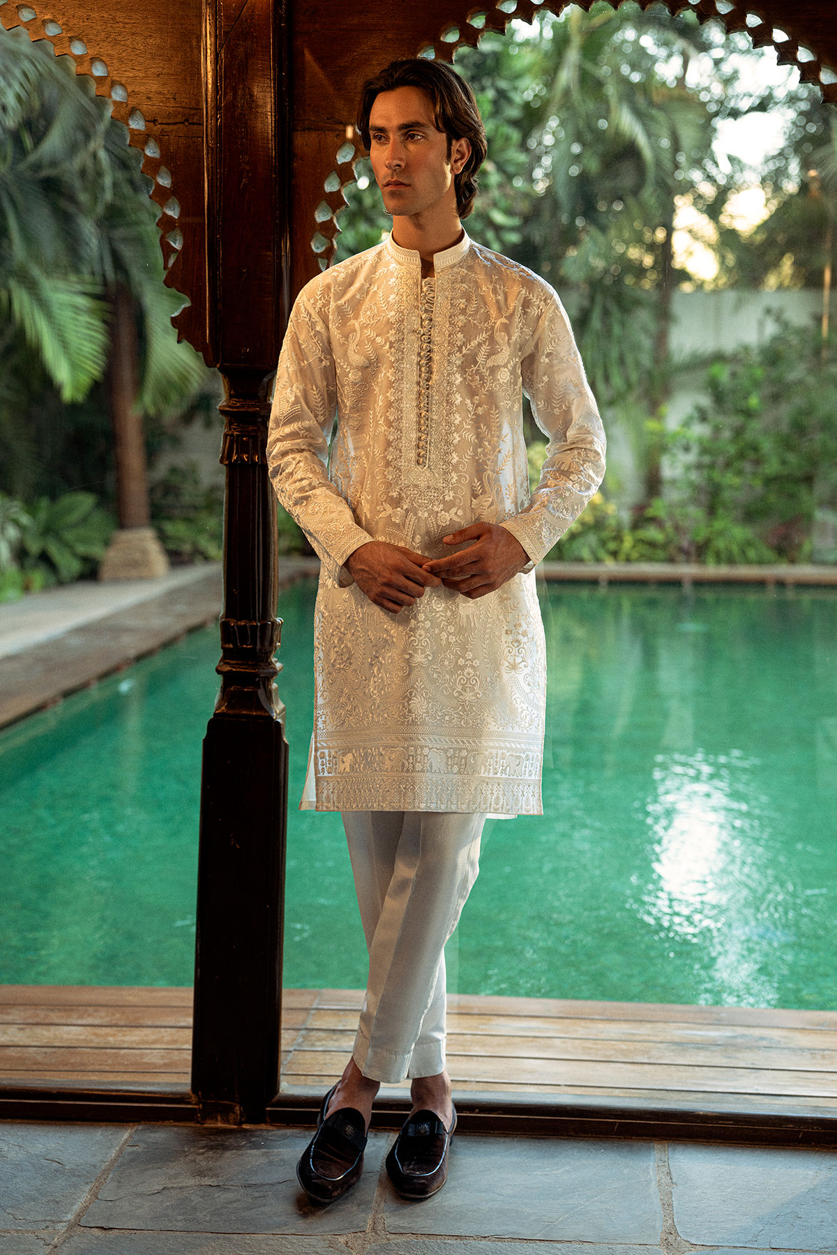Pristine White Embroidered Pure Silk Men’s Kurta (1-Pc) - Image 1