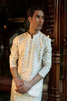 Pristine White Embroidered Pure Silk Men’s Kurta (1-Pc) - Image 3